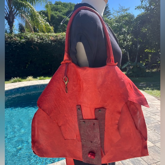 Handbags - Red Leather handmade satchel Crossbody Bag